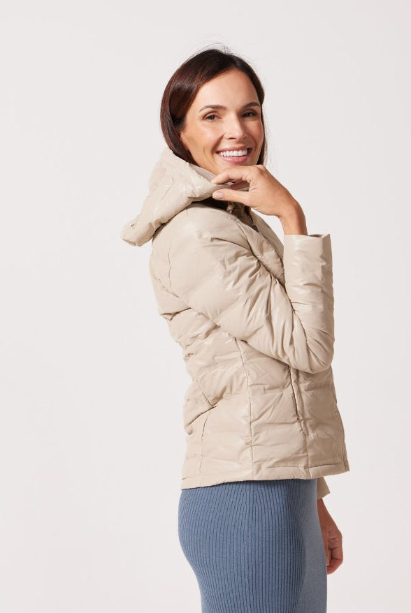 Beige Leather Look Duck Down Puffer Jacket - Duck Apparel