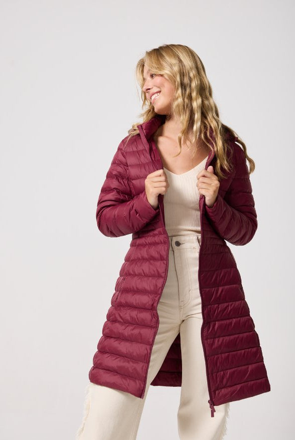 Maroon Duck Down Midi Puffer Coat - Duck Apparel