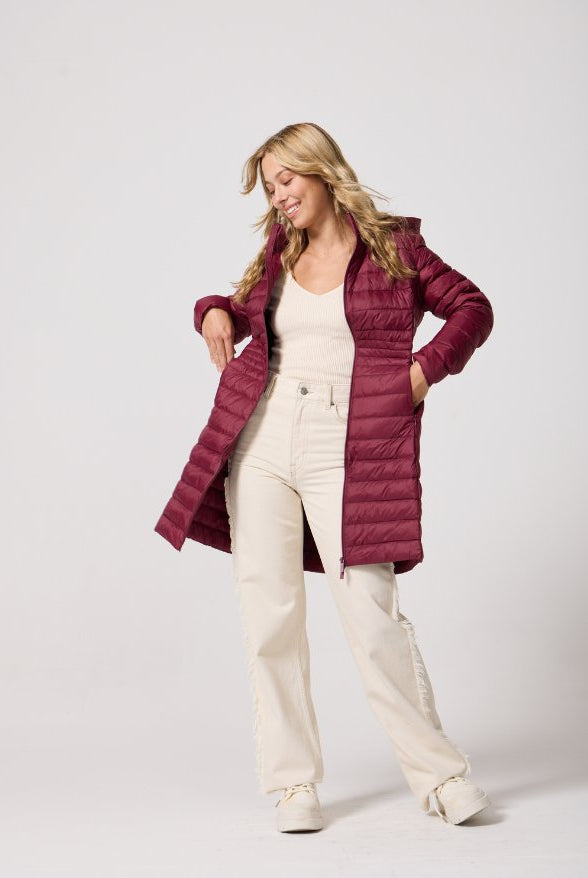 Maroon Duck Down Midi Puffer Coat - Duck Apparel