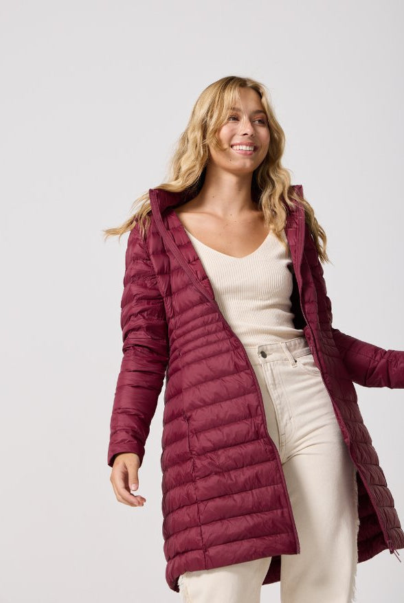 Maroon Duck Down Midi Puffer Coat - Duck Apparel