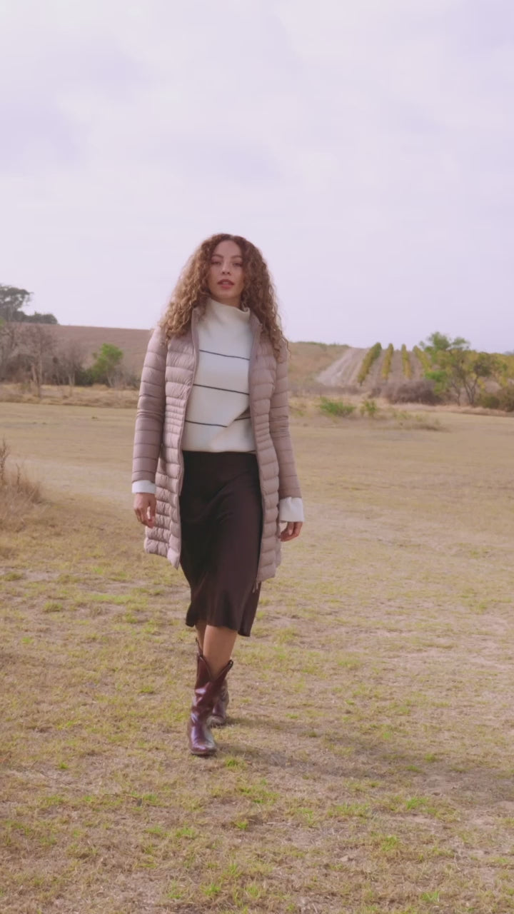 Women’s insulated midi-length hooded parka in chai beige, designed for warmth and comfort in South Africa’s winter season — Chai Midi Parka™