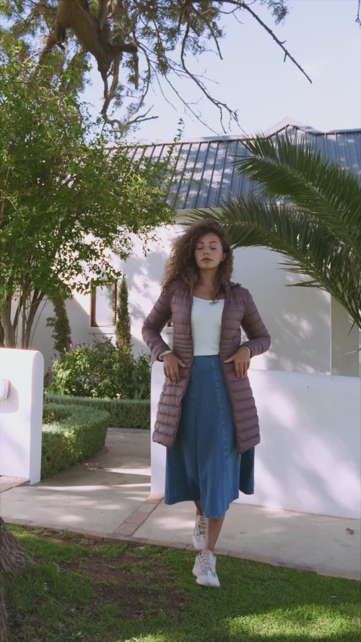 Women’s insulated midi-length hooded parka in espresso brown, designed for warmth and comfort in South Africa’s winter season — Espresso Midi Parka™