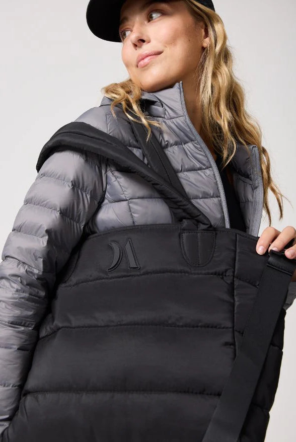 Puffer Tote Bag — quilted tan tote with padded handles, detachable shoulder strap,