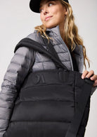 Puffer Tote Bag — quilted tan tote with padded handles, detachable shoulder strap,