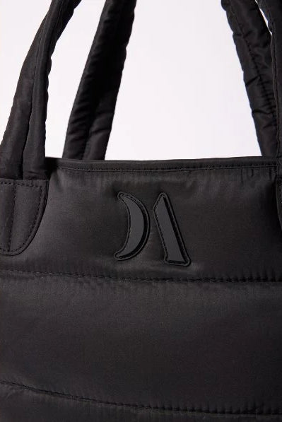 Puffer Tote Bag — quilted tan tote with padded handles, detachable shoulder strap,