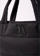 Puffer Tote Bag — quilted tan tote with padded handles, detachable shoulder strap,