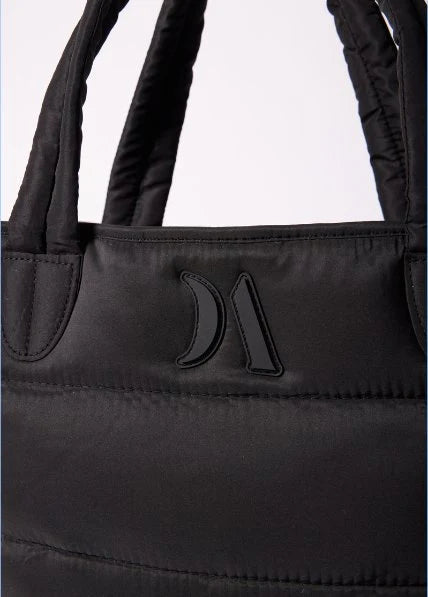 Puffer Tote Bag — quilted tan tote with padded handles, detachable shoulder strap,