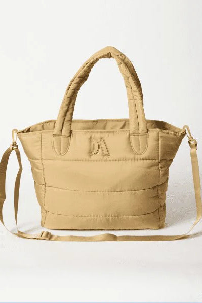 Puffer Tote Bag — quilted tan tote with padded handles, detachable shoulder strap,