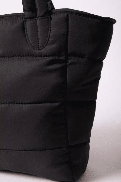 Puffer Tote Bag — quilted tan tote with padded handles, detachable shoulder strap,