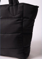 Puffer Tote Bag — quilted tan tote with padded handles, detachable shoulder strap,