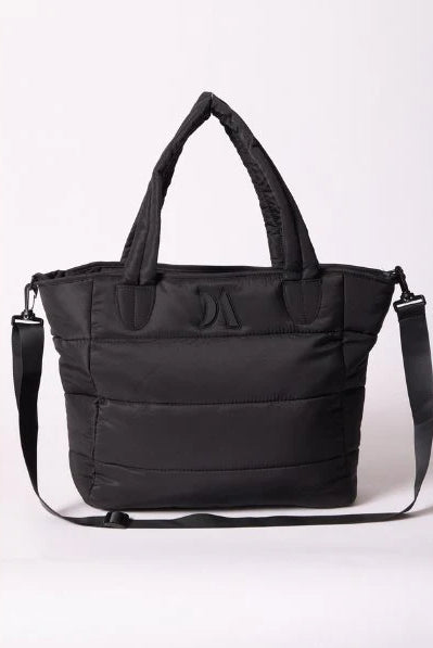 Puffer Tote Bag — quilted tan tote with padded handles, detachable shoulder strap,