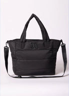 Puffer Tote Bag — quilted tan tote with padded handles, detachable shoulder strap,