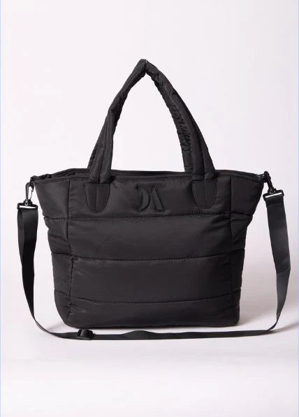 Puffer Tote Bag — quilted tan tote with padded handles, detachable shoulder strap,