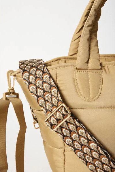 Puffer Tote Bag — quilted tan tote with padded handles, detachable shoulder strap,