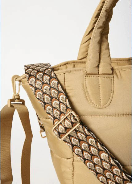 Puffer Tote Bag — quilted tan tote with padded handles, detachable shoulder strap,