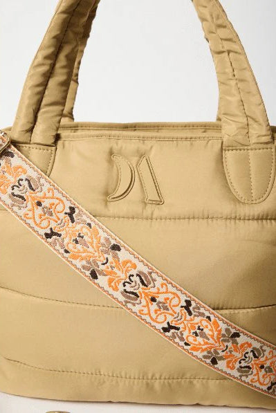 Puffer Tote Bag — quilted tan tote with padded handles, detachable shoulder strap,