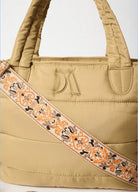 Puffer Tote Bag — quilted tan tote with padded handles, detachable shoulder strap,