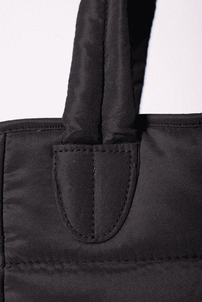 Puffer Tote Bag — quilted tan tote with padded handles, detachable shoulder strap,