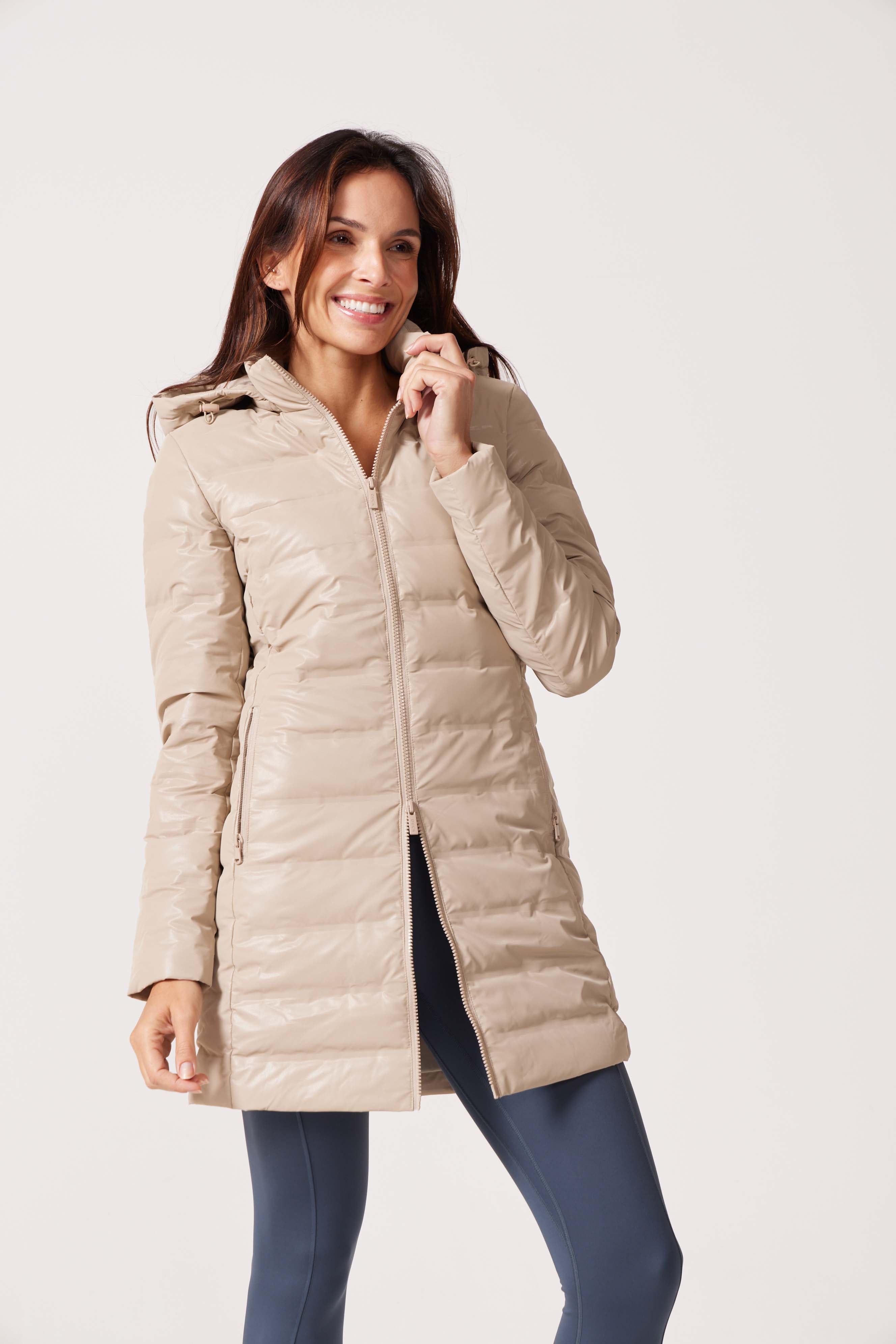 Beige Leather Look Duck Down Puffer Coat - Duck Apparel
