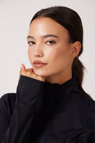 Black Lightweight performance jacket with a smooth, sculpting fit, full zip front, high collar, and stretch fabric designed for everyday movement and layering.