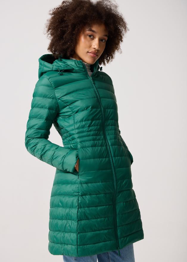 Game Day Green Duck Down Puffer Coat - Front Pockets Pose