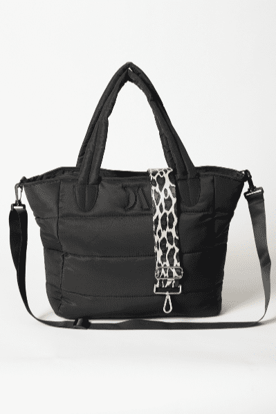 black puffer tote bag with leopard print strap