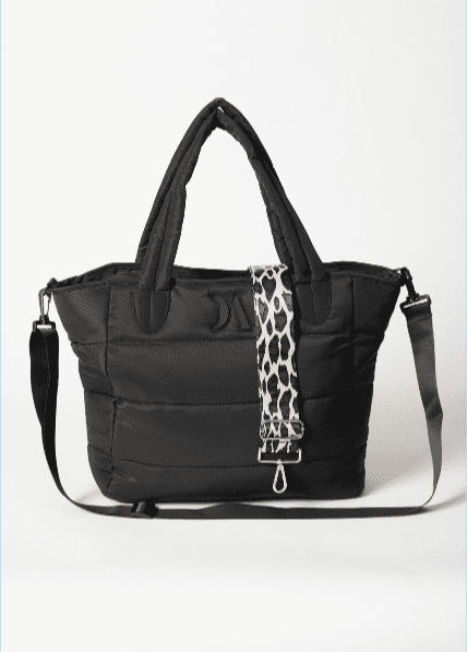 black puffer tote bag with leopard print strap