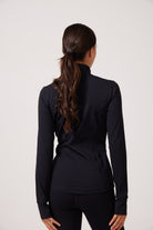 Black Lightweight performance jacket with a smooth, sculpting fit, full zip front, high collar, and stretch fabric designed for everyday movement and layering.