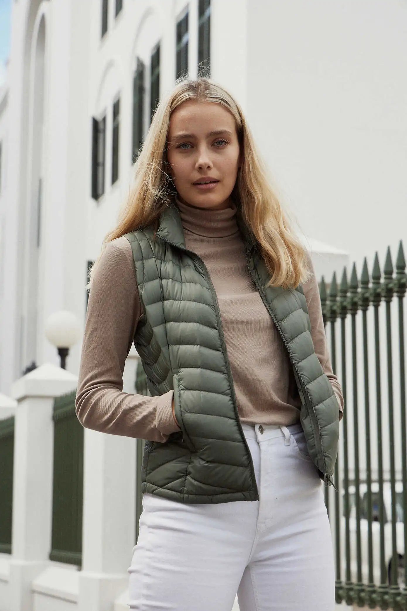 Sage Classic Gilet™ — women’s sleeveless quilted puffer vest in earthy sage green, perfect for lightweight layering in South Africa