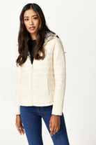 Women’s reversible cream puffer jacket with python-print inner lining and hood, lightweight insulated outerwear from Duck Apparel South Africa