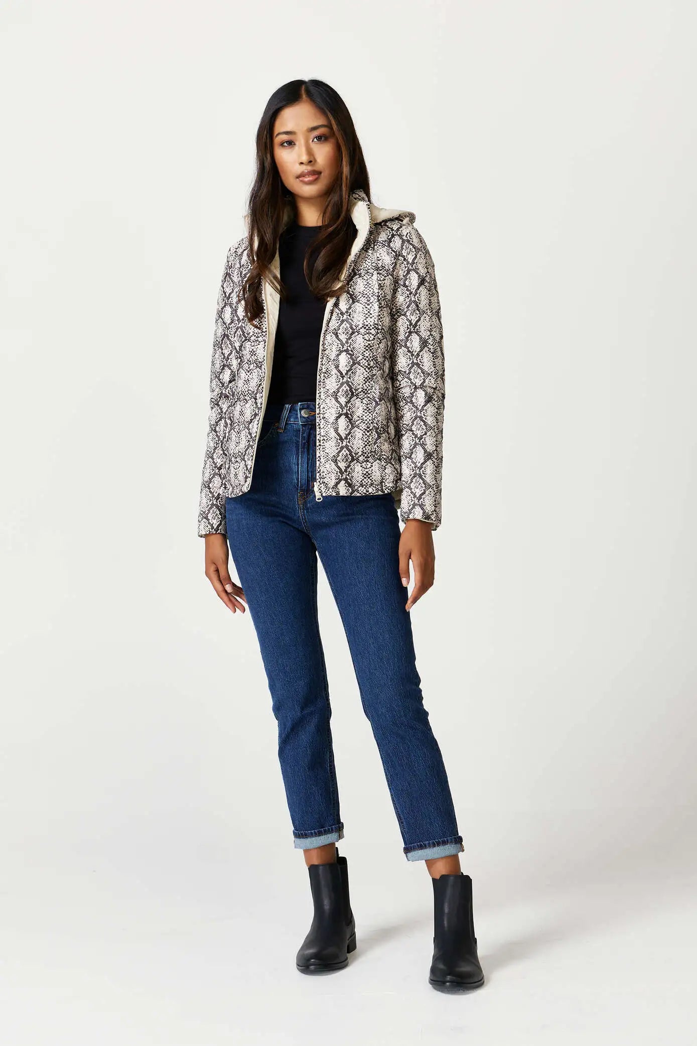 Women’s reversible cream puffer jacket with python-print inner lining and hood, lightweight insulated outerwear from Duck Apparel South Africa