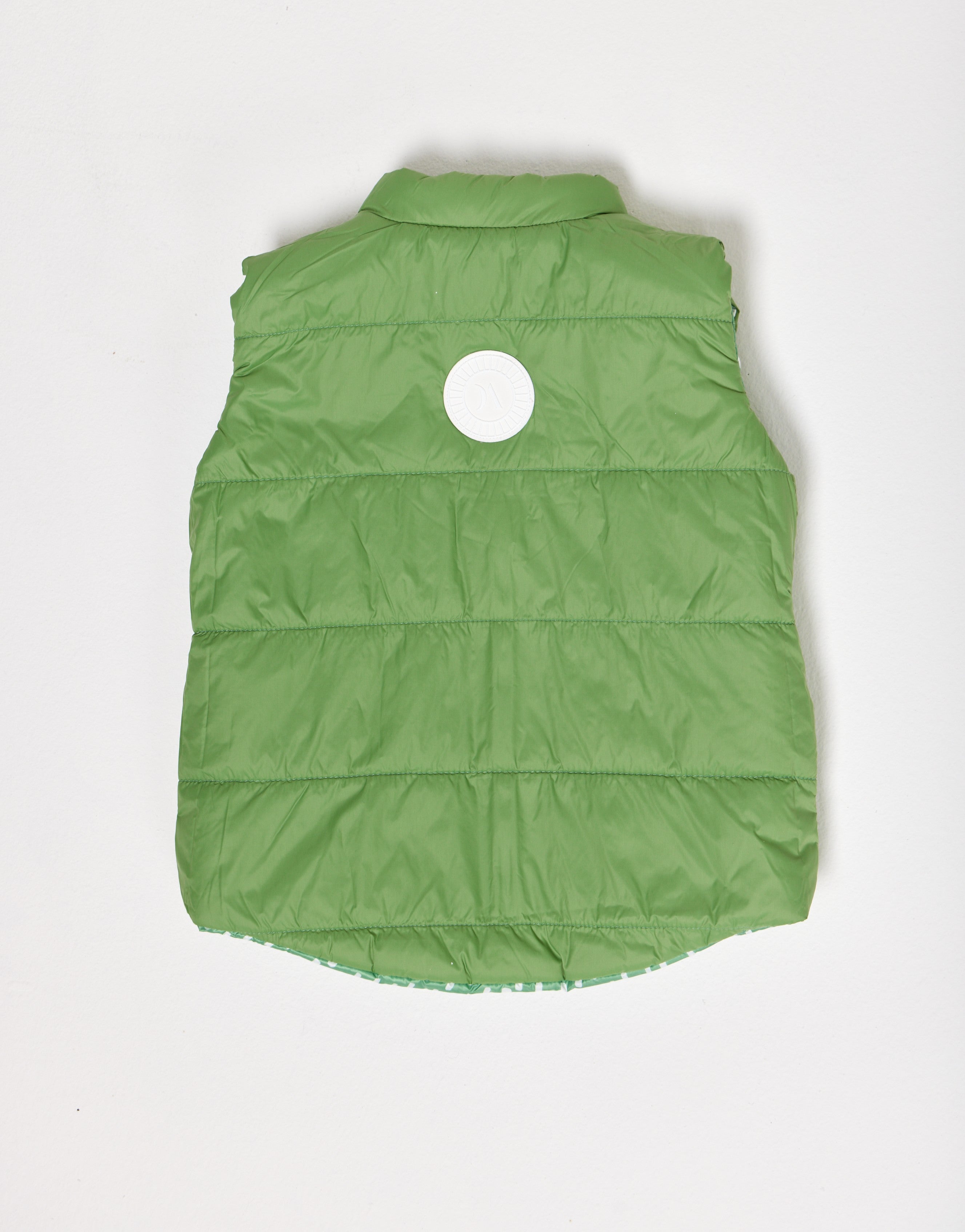 Kids Dots x Green Gilet™ — lightweight sleeveless puffer vest with playful white dot print on green, perfect for layering in South Africa