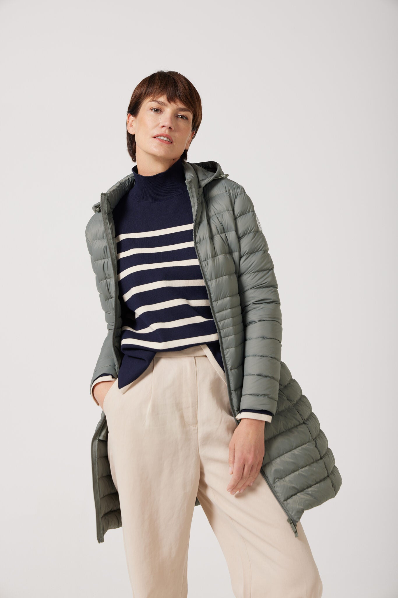 Women’s insulated midi-length hooded parka in sage green, designed for warmth and comfort in South Africa’s winter season — Sage Midi Parka™