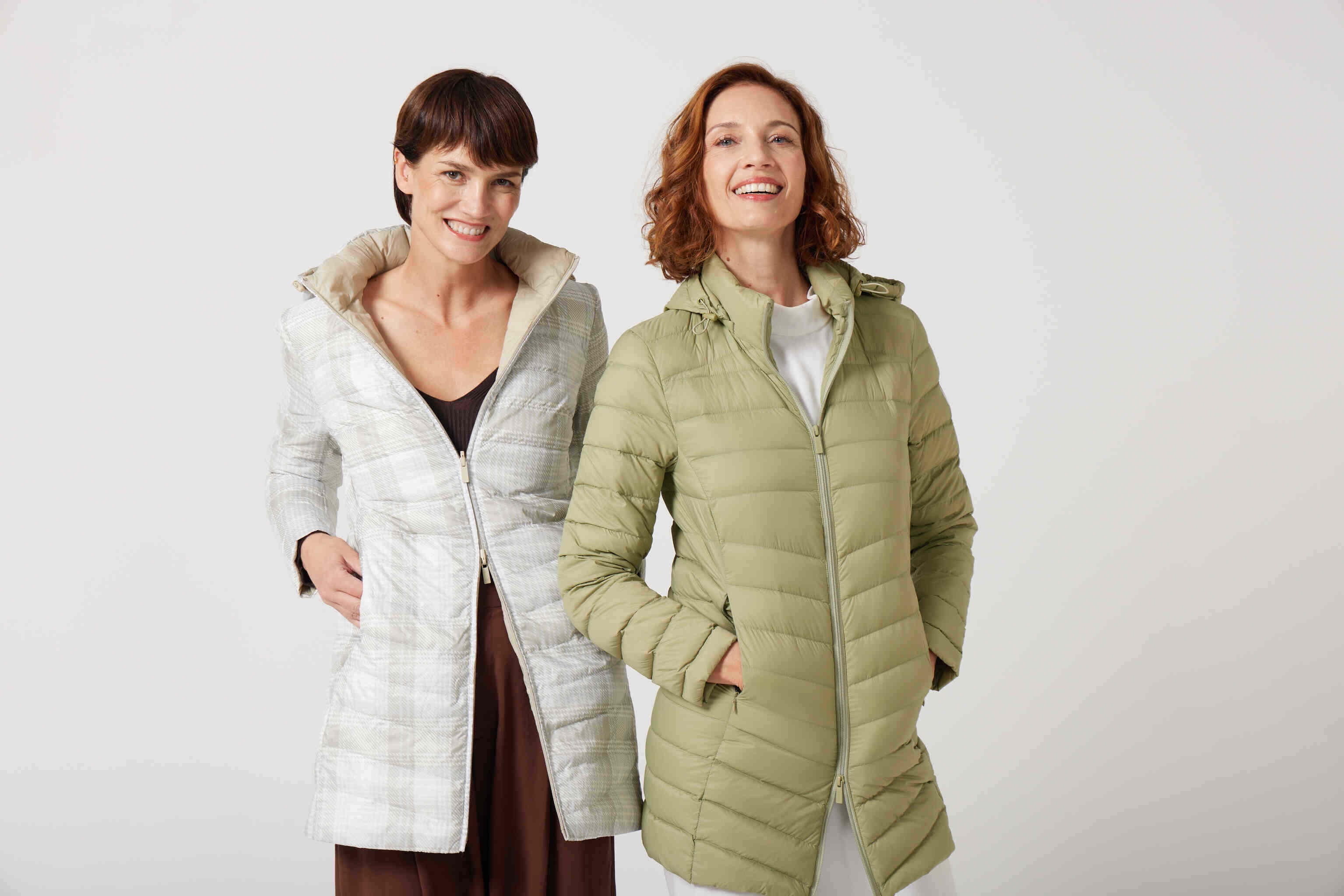 Tartan x Mist Classic Parka™ in light tartan check, insulated hooded reversible parka offering warmth and versatility for South Africa’s winter season and Matcha Classic Parka™ in light green matcha shade, insulated hooded parka designed for warmth and comfort in South Africa’s winter season