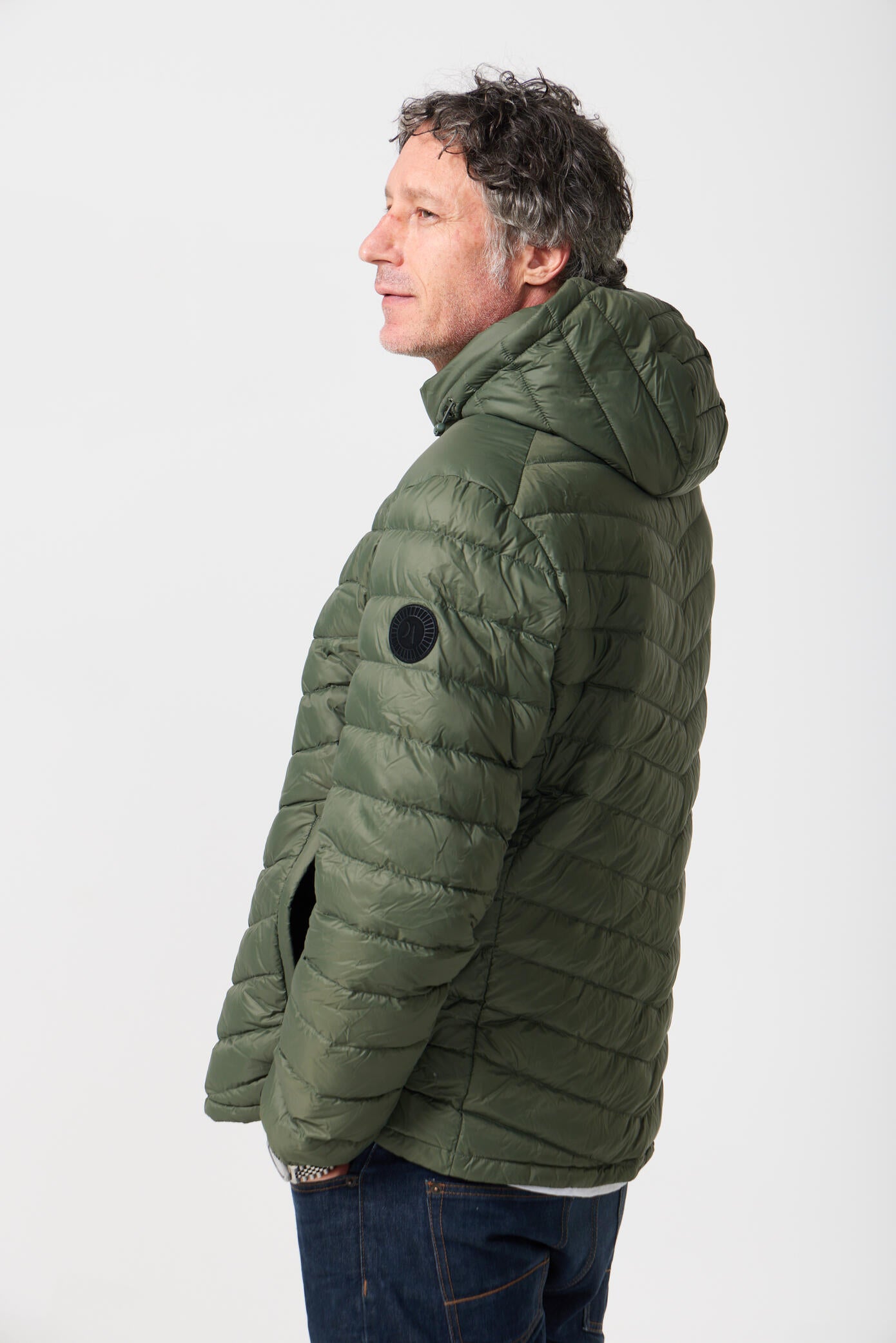 Men’s insulated hooded jacket in reversible sage green and black, lightweight and warm for South Africa’s winter layering — Sage x Black Classic Jacket™