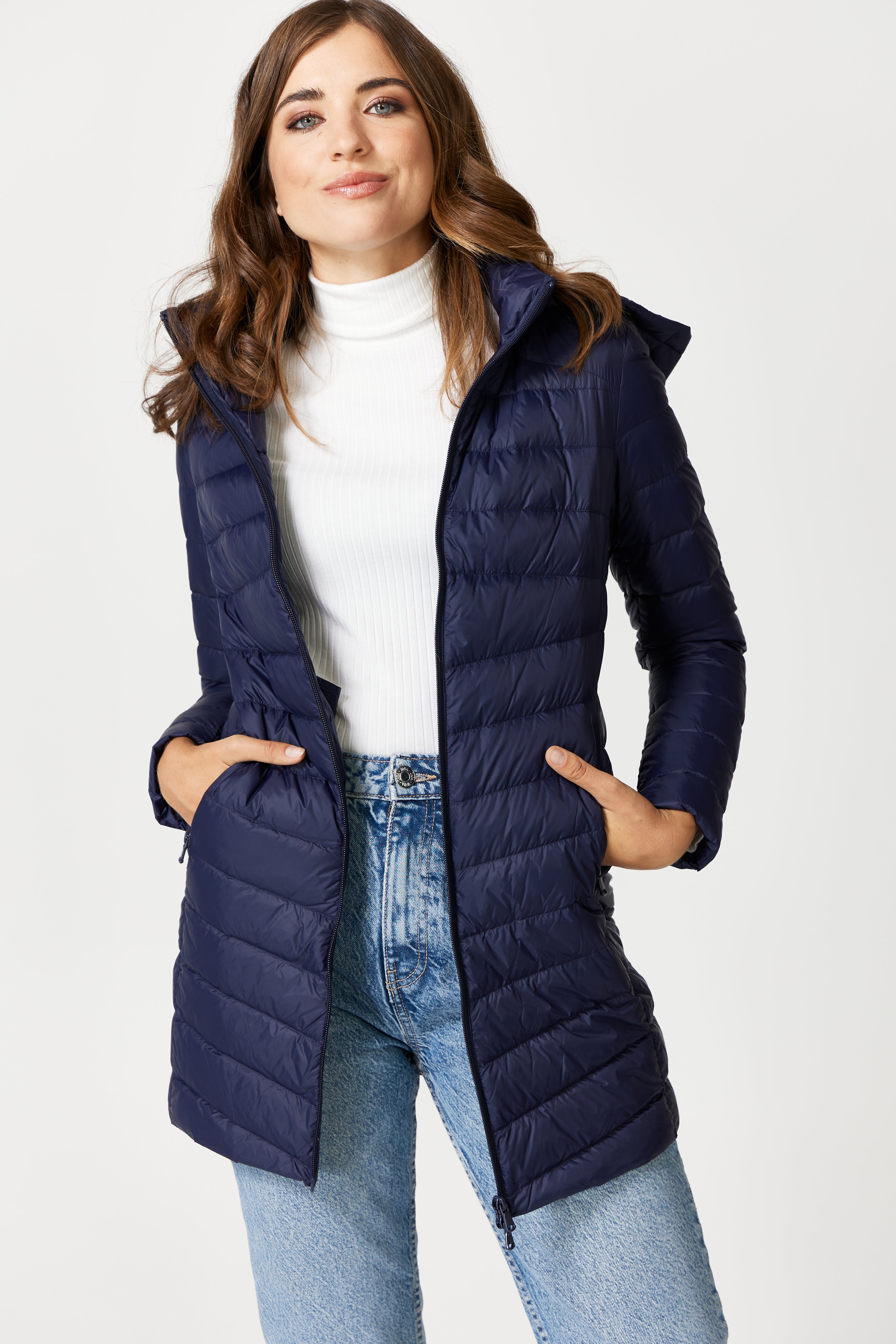 Navy Duck Down Puffer Coat - Front Pockets Pose