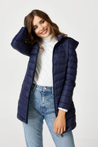 Navy Duck Down Puffer Coat - Front Relaxed Pose