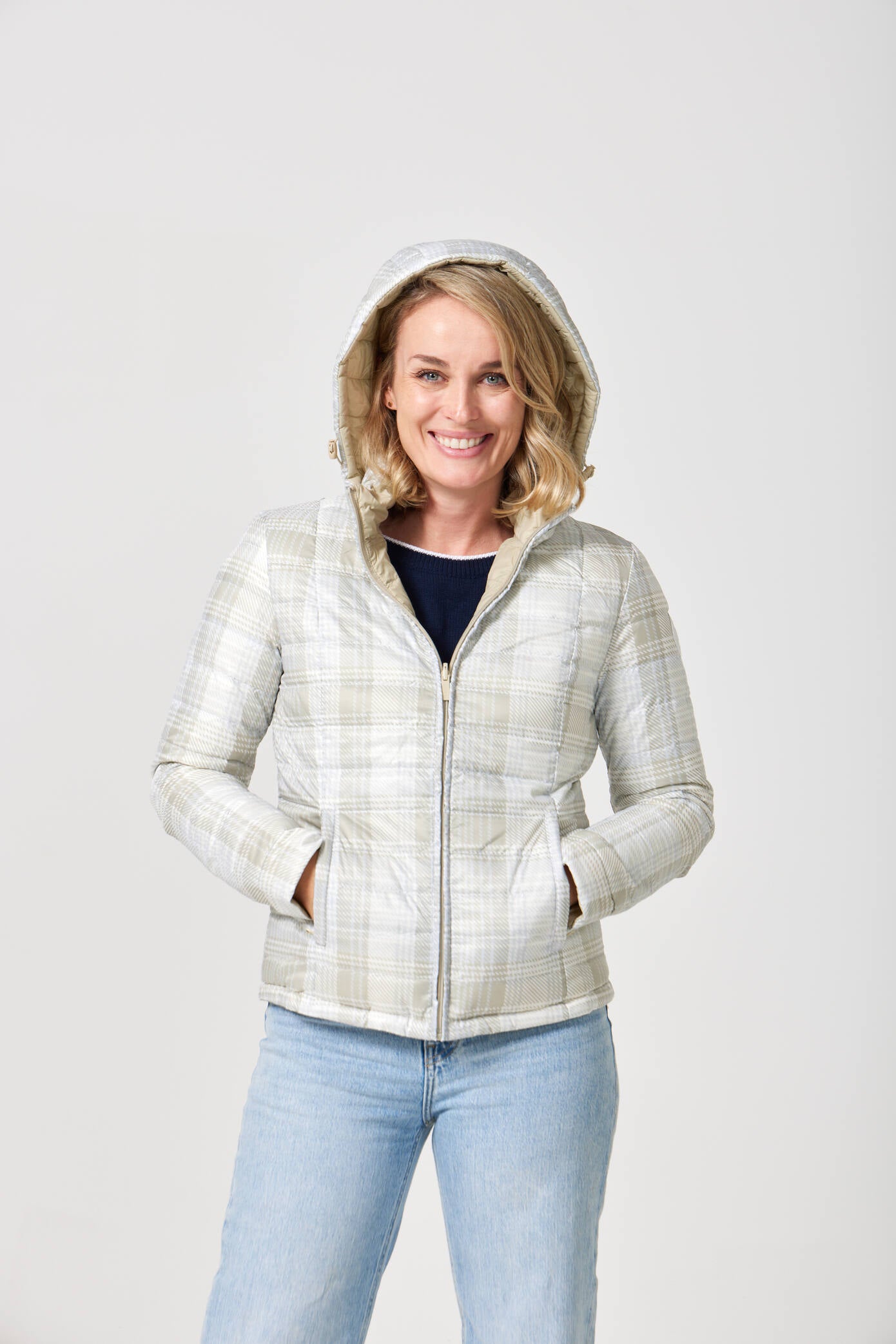 Women’s insulated hooded jacket in tartan plaid with champagne beige tones, designed for warmth and layering in South Africa’s winter season — Tartan x Champagne Classic Jacket™