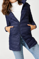 Navy Duck Down Puffer Coat - Front Close Up Pose