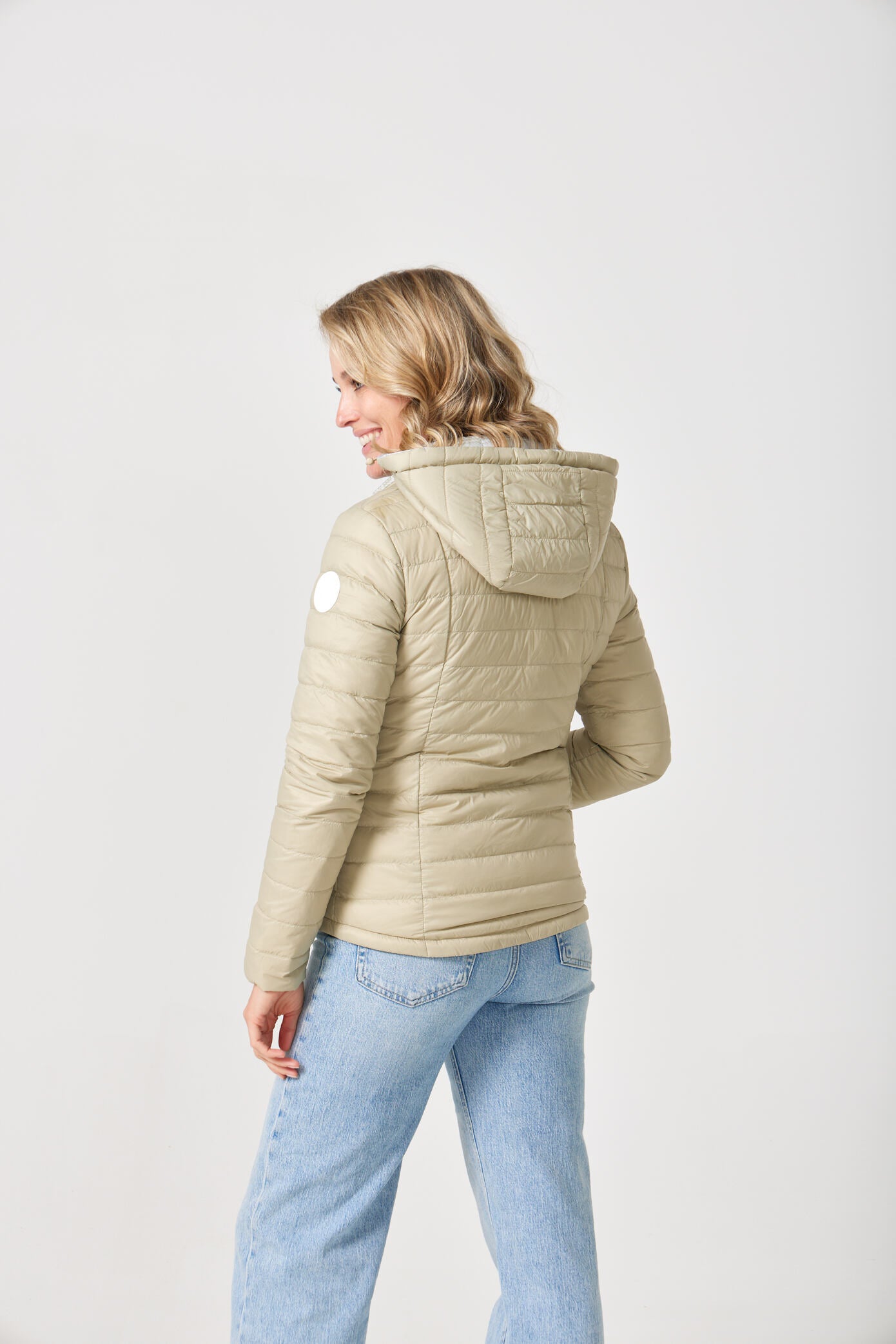 Women’s insulated hooded jacket in tartan plaid with champagne beige tones, designed for warmth and layering in South Africa’s winter season — Tartan x Champagne Classic Jacket™