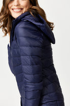 Navy Duck Down Puffer Coat - Side Close Up Pose
