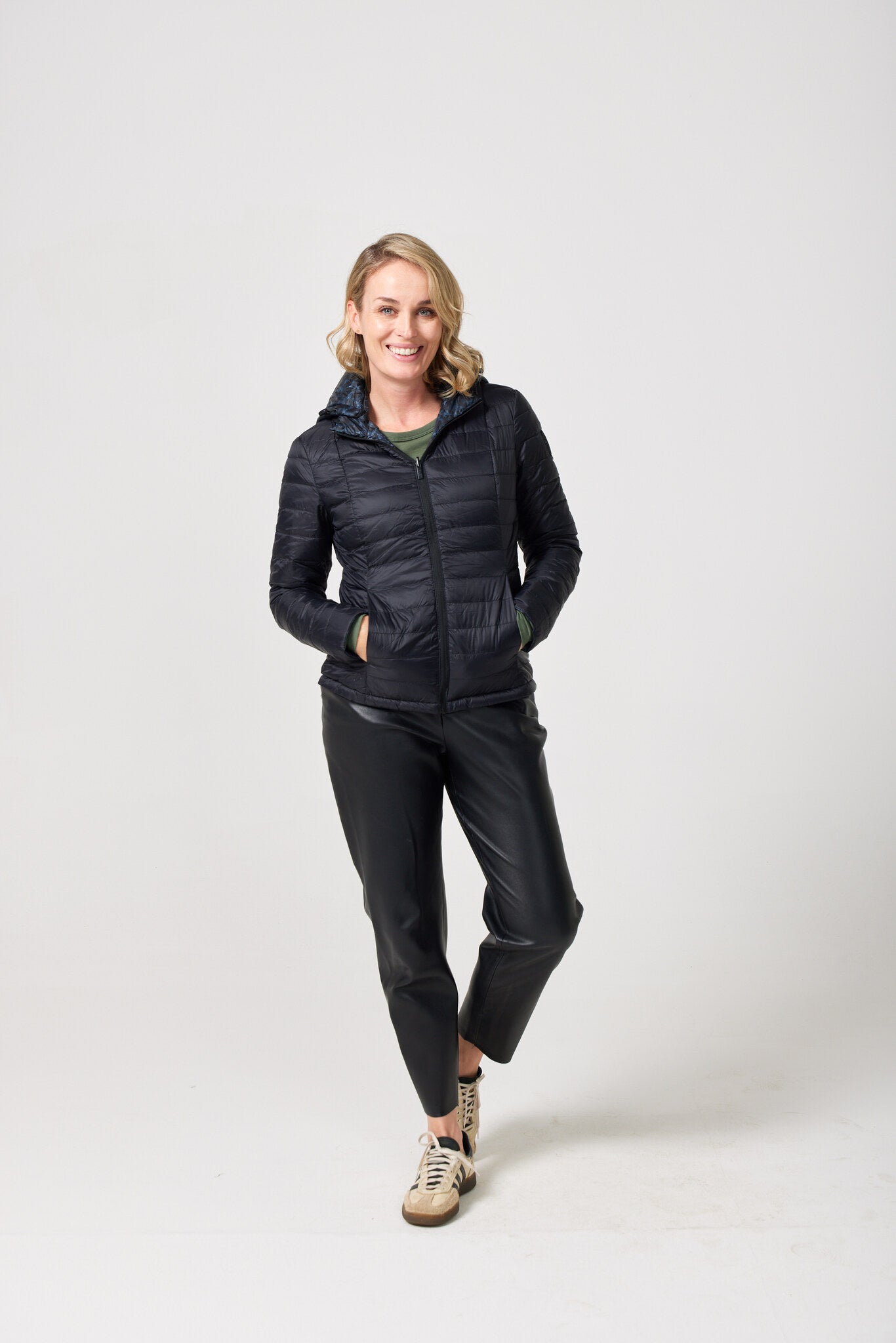 Women’s reversible black and printed puffer jacket, lightweight and versatile for layering in South Africa — Midnight x Panther Classic Jacket™