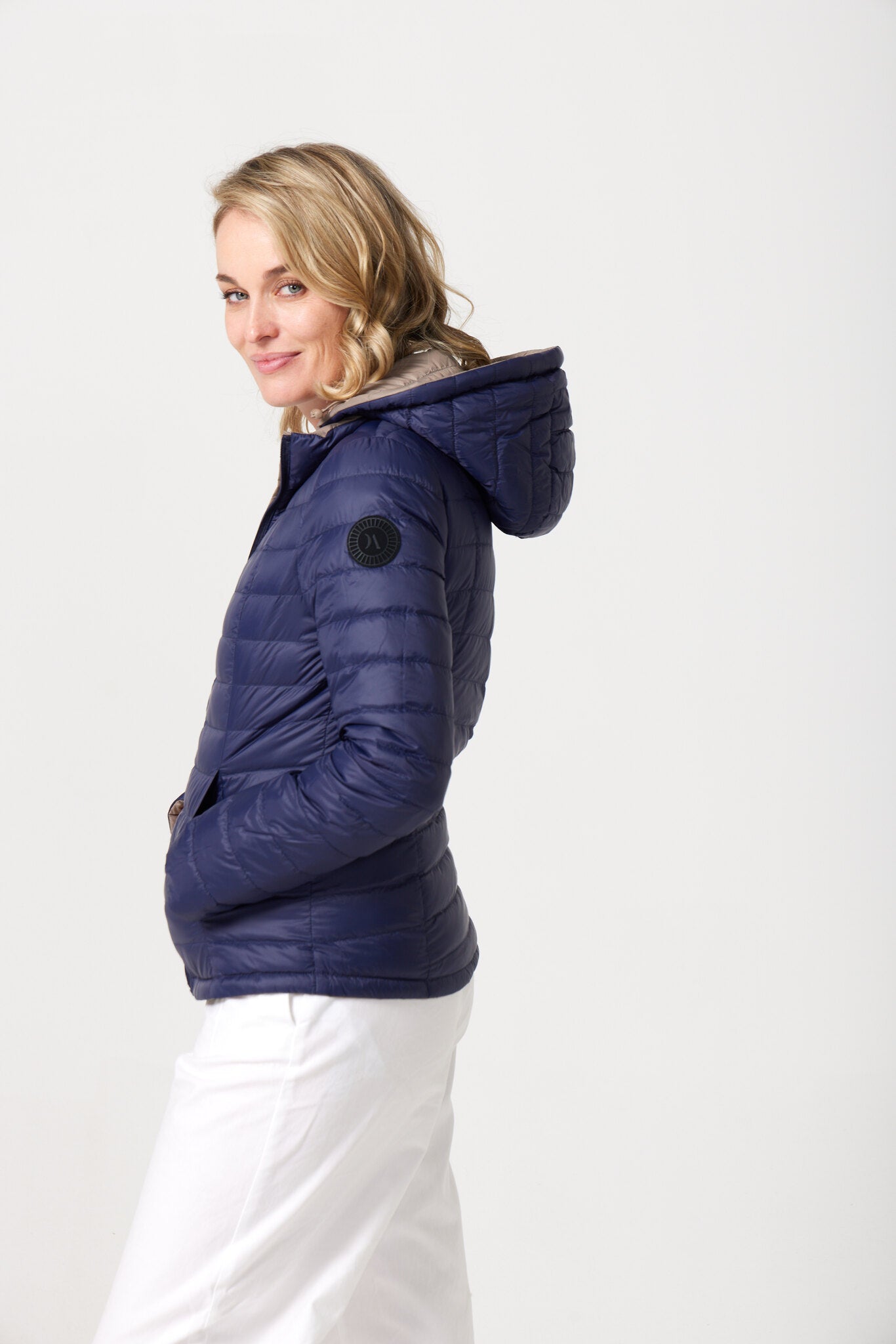 Women’s reversible toffee brown and navy blue lightweight puffer jacket, versatile casual outerwear for South Africa — Navy x Toffee Classic Jacket™