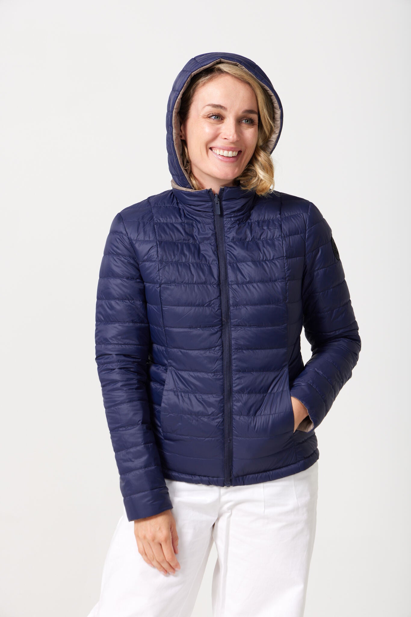 Women’s reversible toffee brown and navy blue lightweight puffer jacket, versatile casual outerwear for South Africa — Navy x Toffee Classic Jacket™