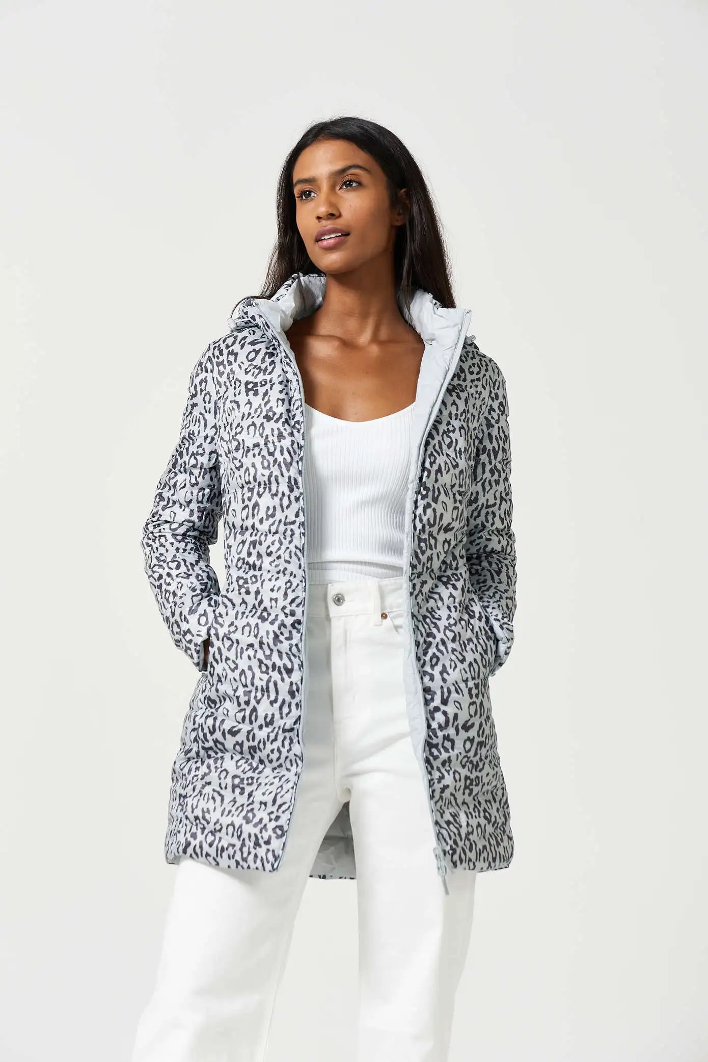 Women’s long Jaguar print parka in grey and white, lightweight insulated winter coat with hood and side pockets from Duck Apparel South Africa