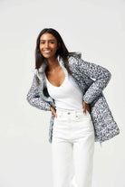 Women’s long Jaguar print parka in grey and white, lightweight insulated winter coat with hood and side pockets from Duck Apparel South Africa