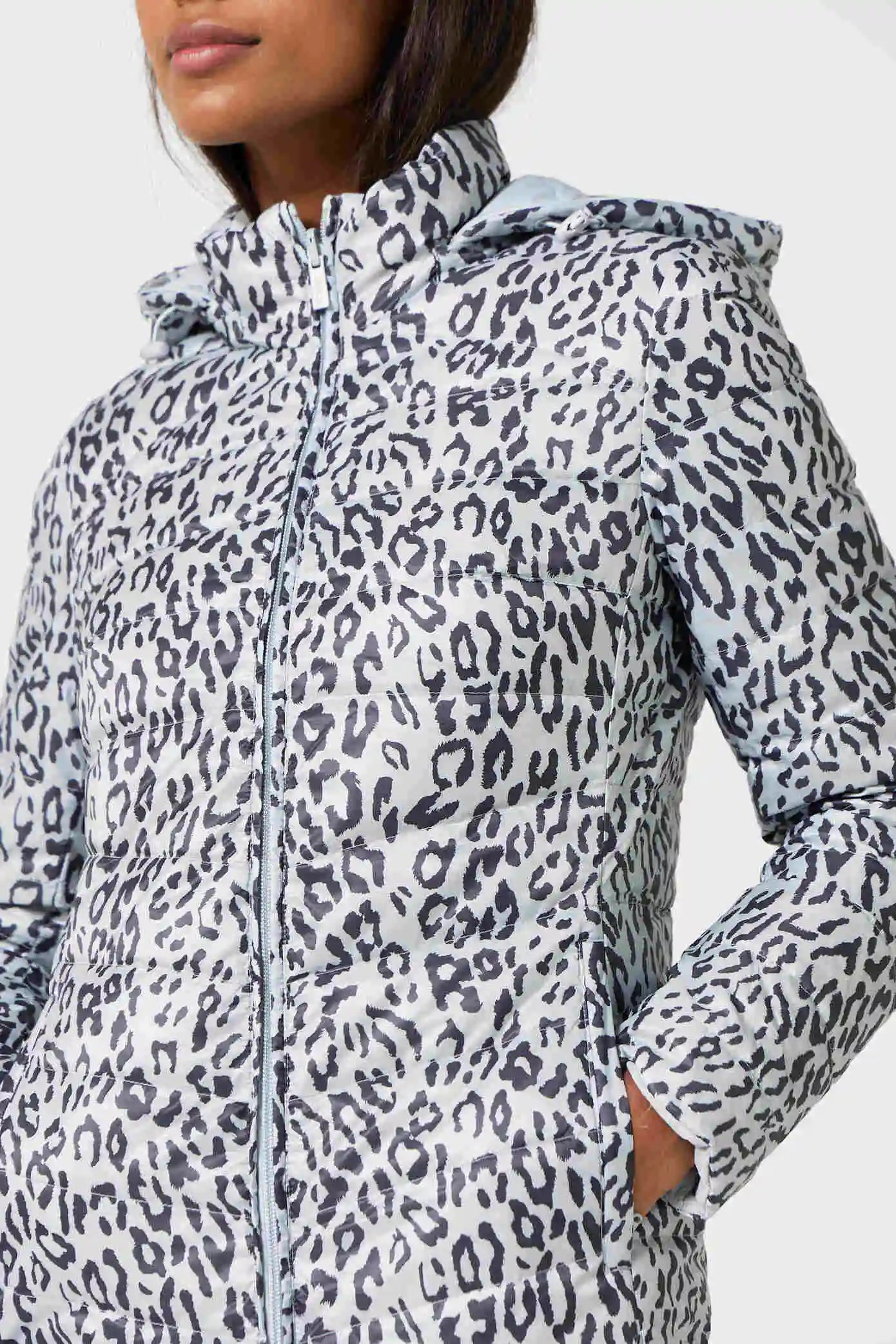 Women’s long Jaguar print parka in grey and white, lightweight insulated winter coat with hood and side pockets from Duck Apparel South Africa