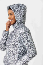 Women’s long Jaguar print parka in grey and white, lightweight insulated winter coat with hood and side pockets from Duck Apparel South Africa
