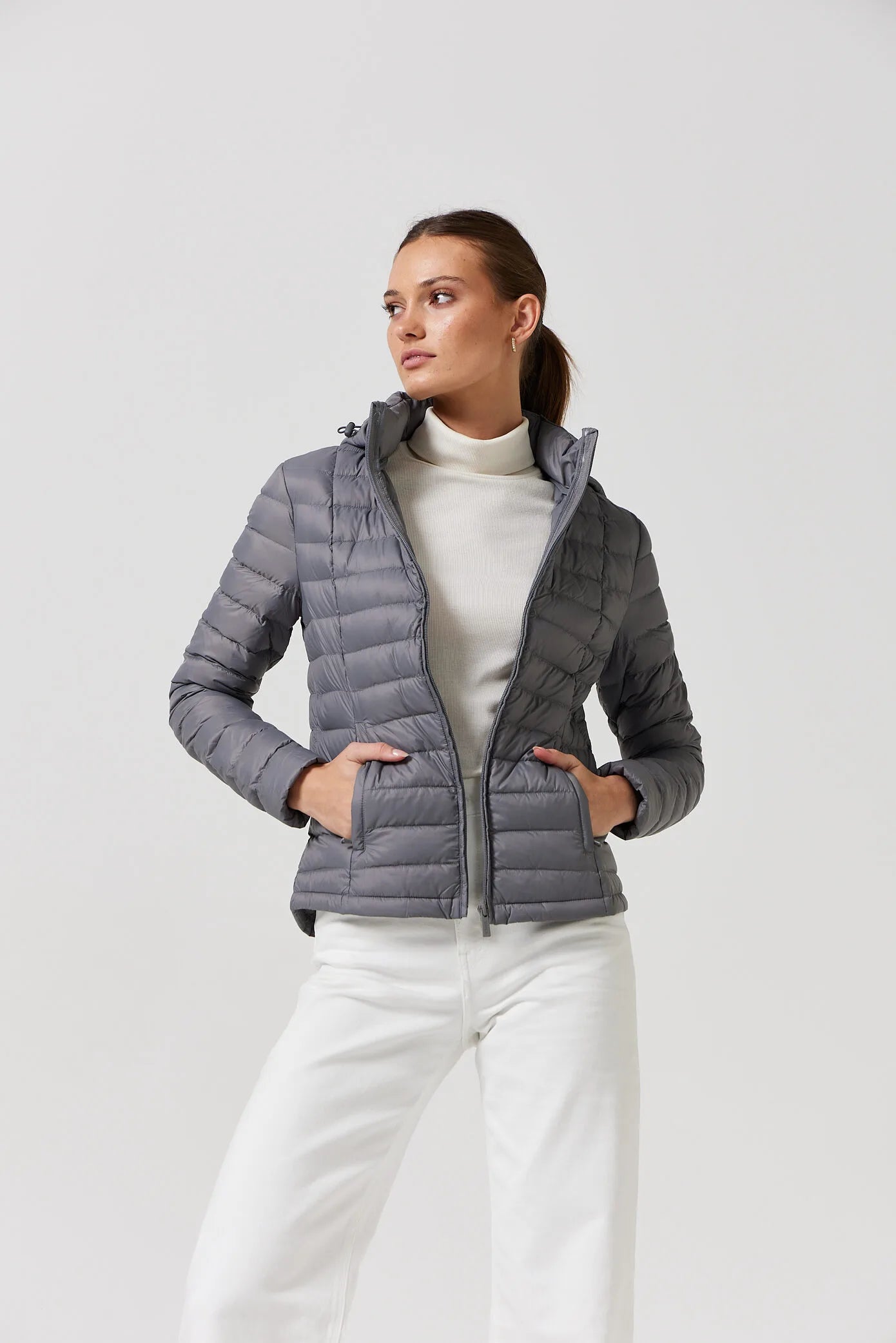 Women's grey puffer jacket with side pockets, lightweight winter jacket for layering, Duck Apparel outerwear South Africa