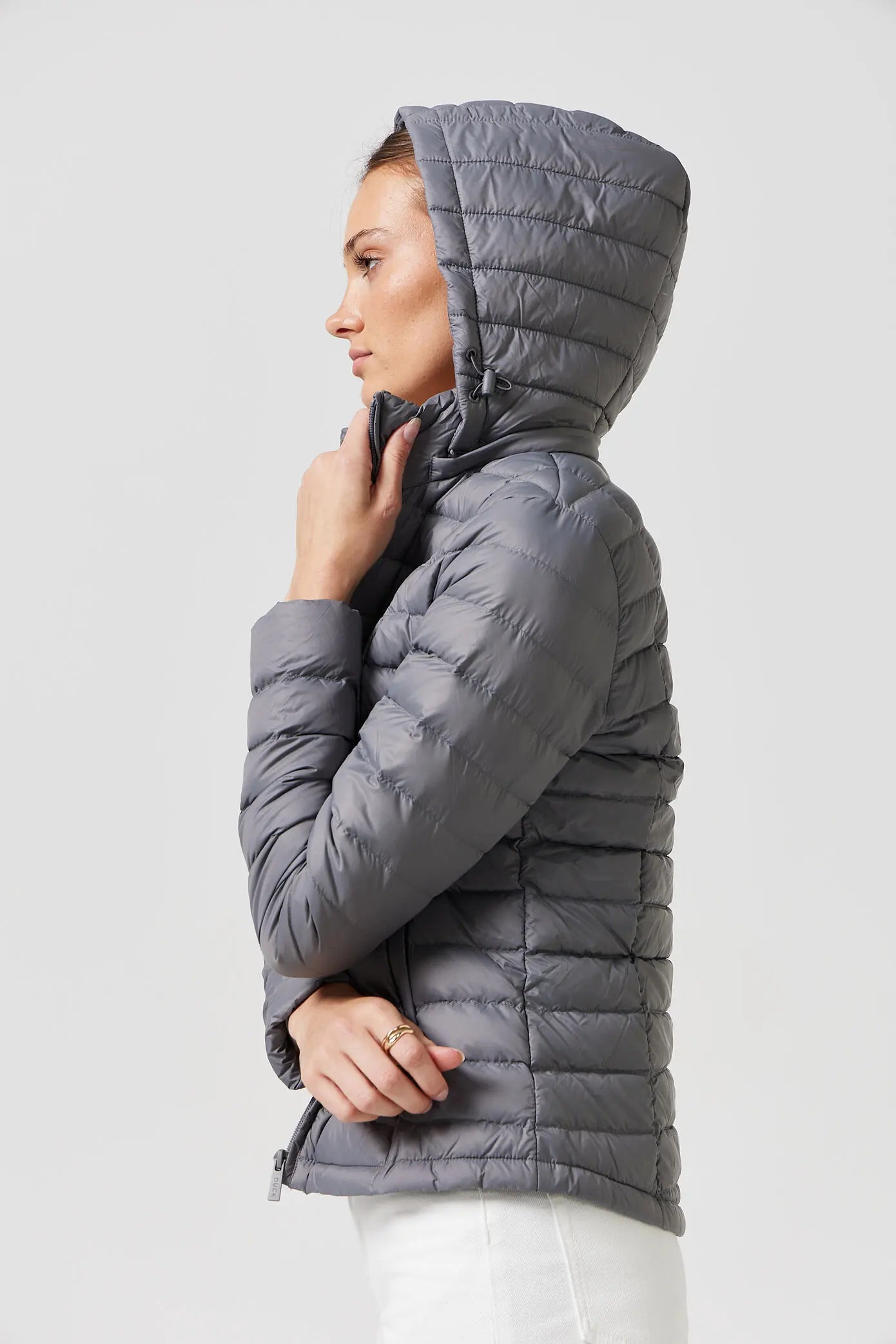 Women's grey puffer jacket with side pockets, lightweight winter jacket for layering, Duck Apparel outerwear South Africa